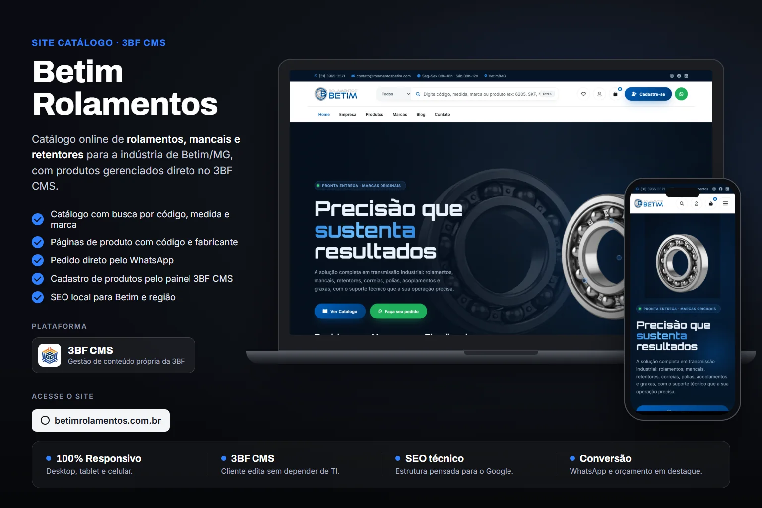 Site catálogo da Betim Rolamentos, feito pela 3BF no 3BF CMS